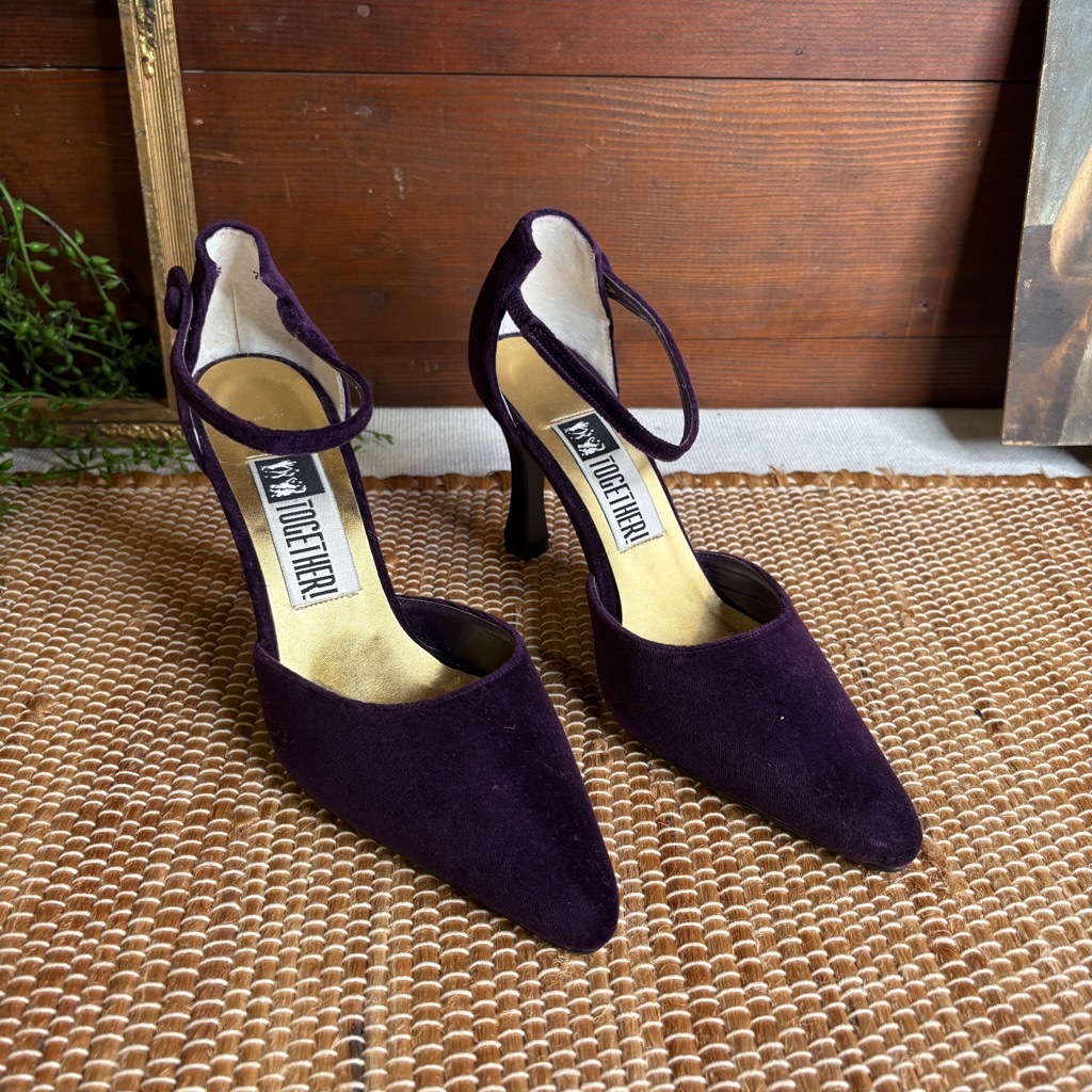 Vintage Together Purple Velvet Ankle Strap Heels Size 7.5b